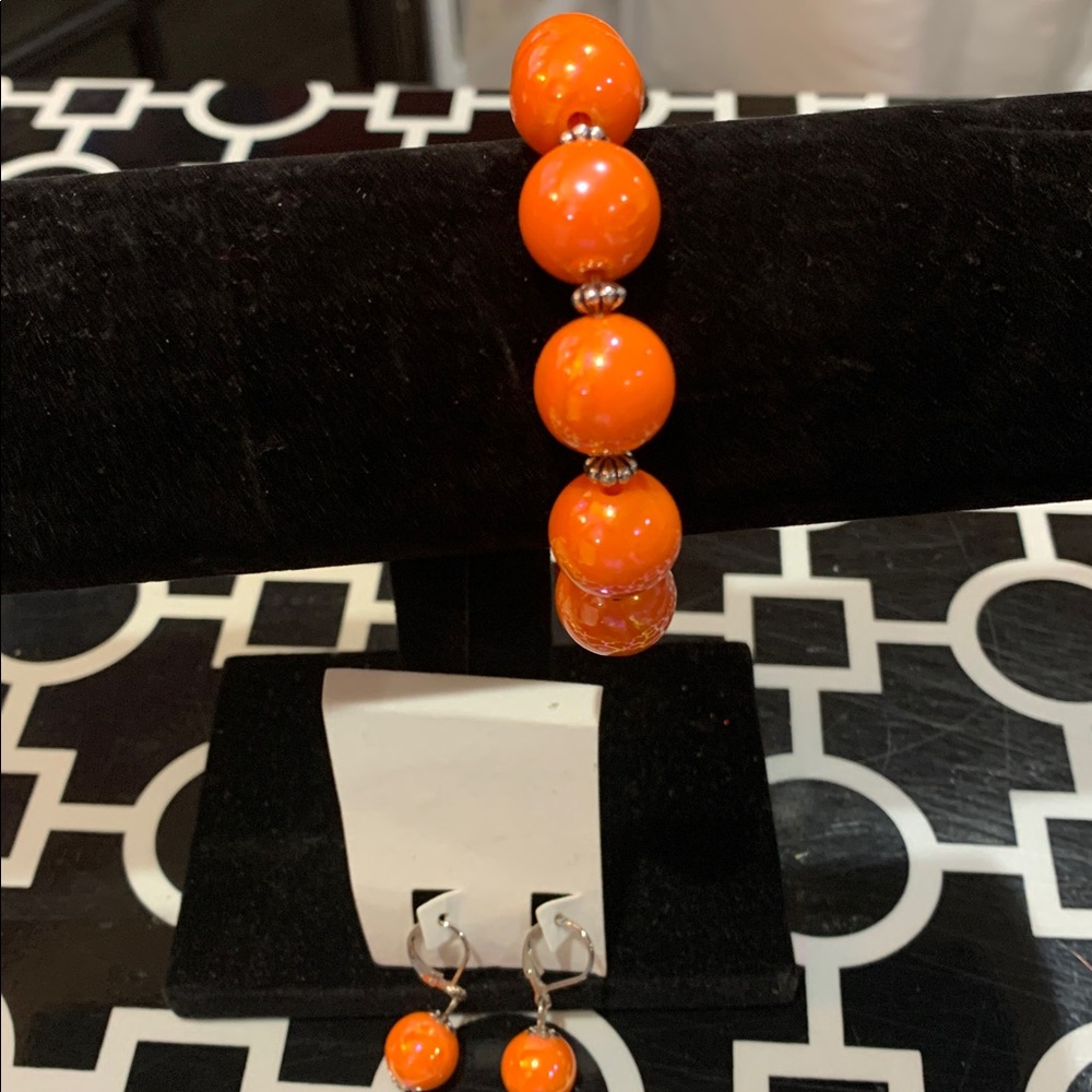 Vibrant Orange Beaded Bracelet and Earring Set